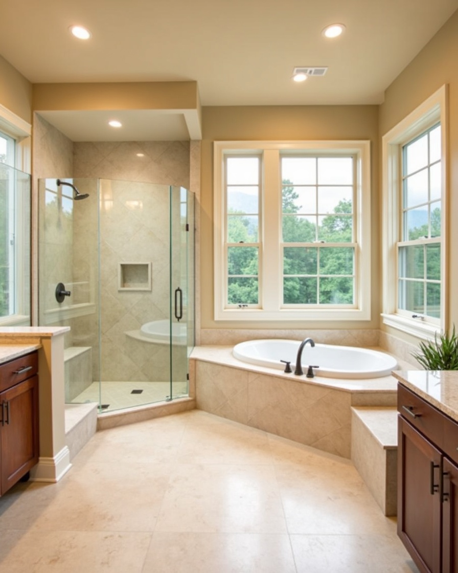 hero photo: walk-in tile shower with frameless glass and freestanding tub in Cumming, GA — bathroom remodel by Alpharetta Kitchen and Bath