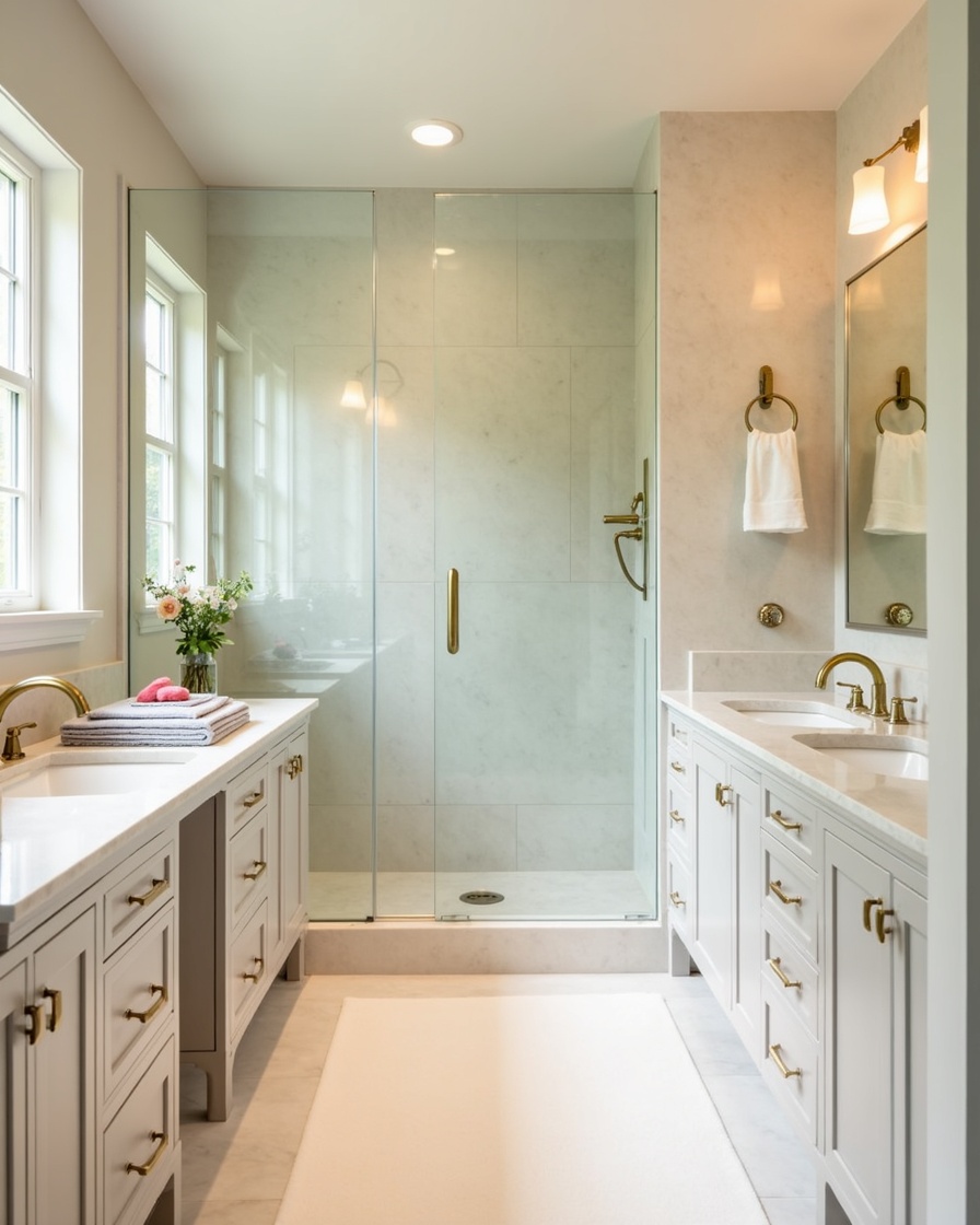 hero photo: walk-in tiled shower with frameless glass and double vanity in Duluth, GA — bathroom remodel by Alpharetta Kitchen and Bath
