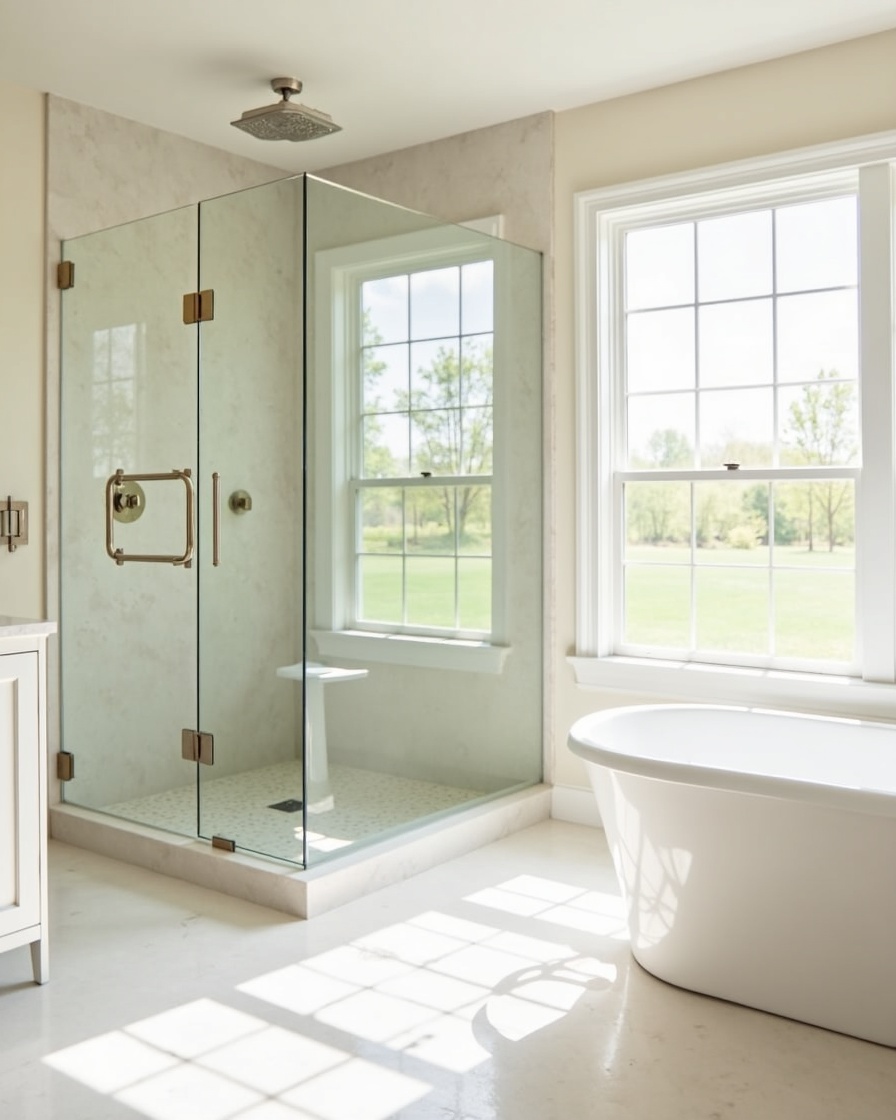 hero photo: walk-in tiled shower with frameless glass and freestanding tub in a Johns Creek, GA primary bathroom — remodel by Alpharetta Kitchen and Bath