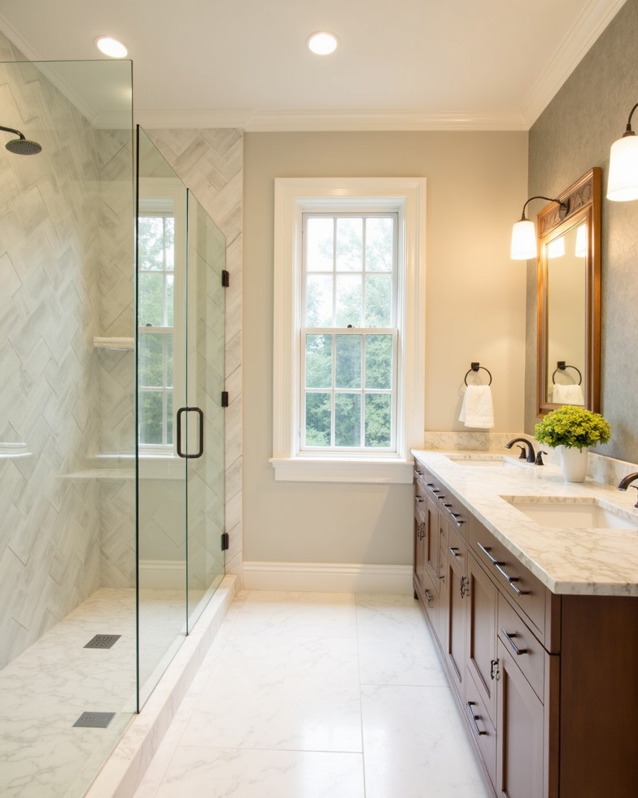 hero photo: walk-in tile shower with frameless glass and freestanding tub in Milton, GA — bathroom remodel by Alpharetta Kitchen and Bath