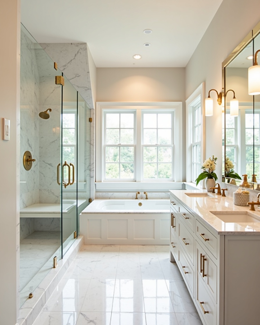 hero photo: walk-in tile shower with frameless glass and double quartz vanity in Roswell, GA — bathroom remodel by Alpharetta Kitchen and Bath