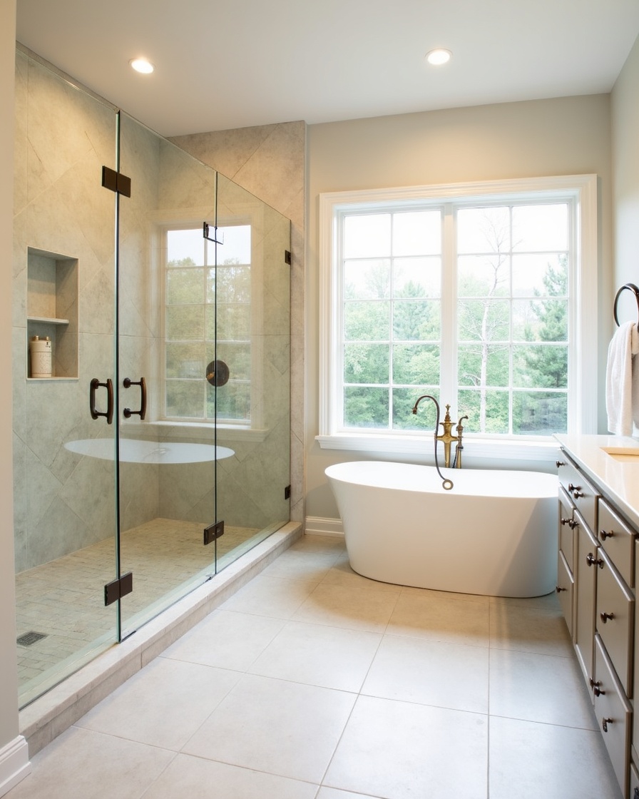 hero photo: custom tiled walk-in shower with frameless glass and brass fixtures in Suwanee, GA — bathroom remodel by Alpharetta Kitchen and Bath