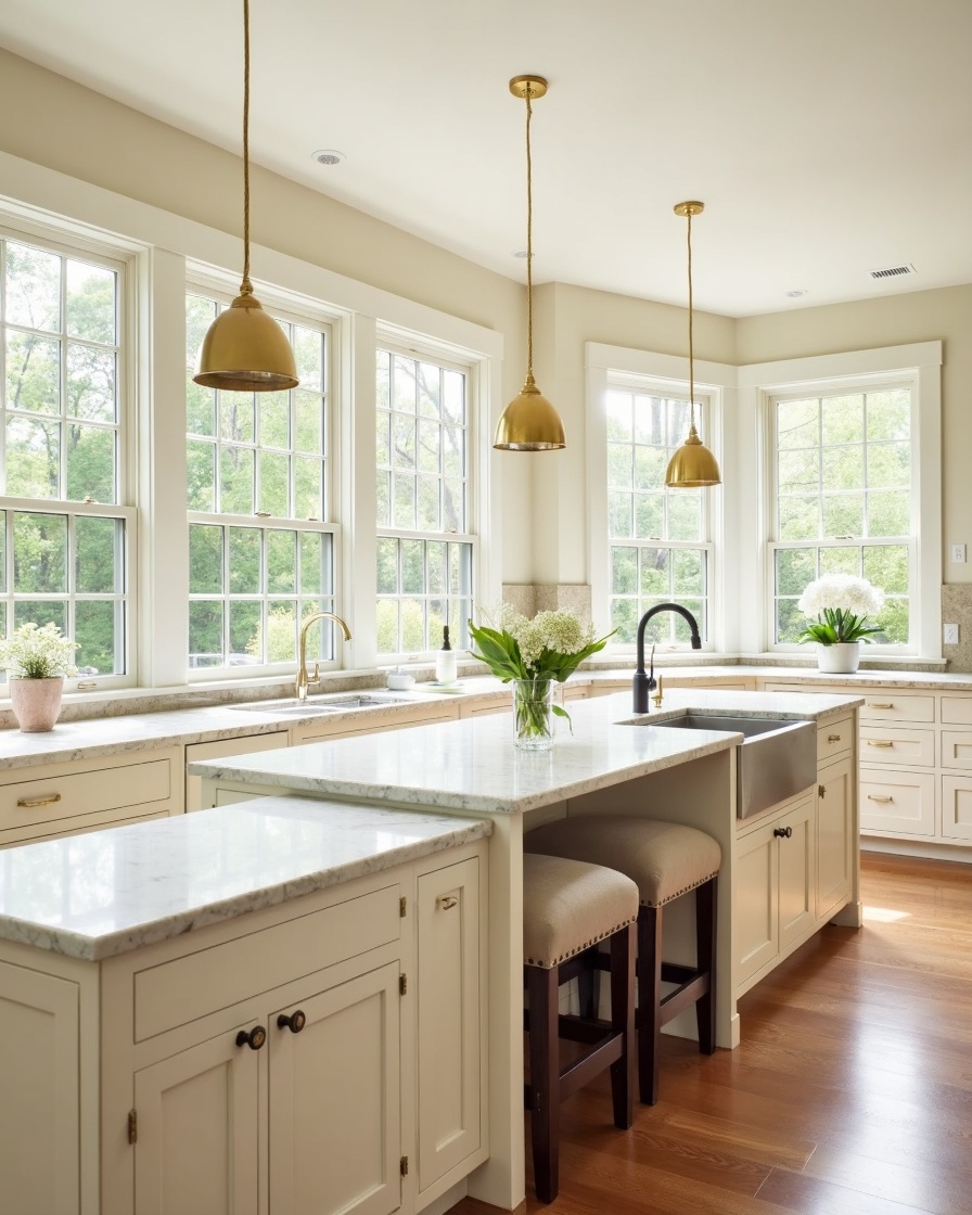 hero photo: warm ivory kitchen cabinets with Taj Mahal quartzite island in Cumming, GA — kitchen remodel by Alpharetta Kitchen and Bath