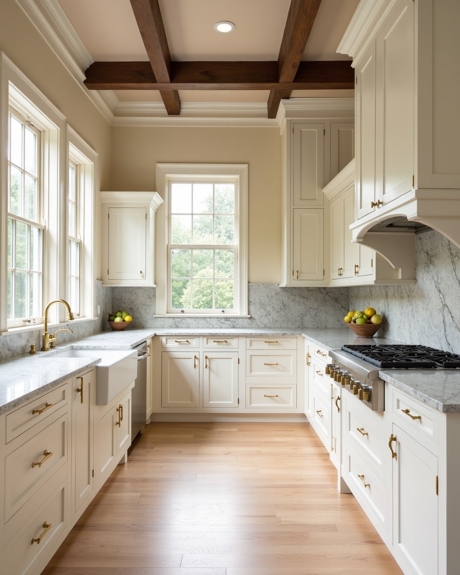 hero photo: warm ivory kitchen cabinets with Taj Mahal quartzite island in Milton, GA — kitchen remodel by Alpharetta Kitchen and Bath