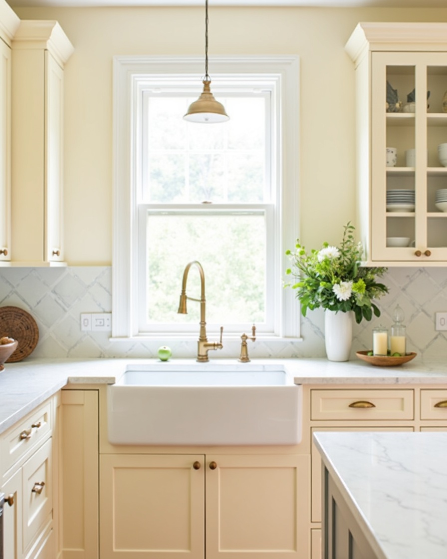 hero photo: warm ivory kitchen cabinets with Taj Mahal quartzite island in Roswell, GA — kitchen remodel by Alpharetta Kitchen and Bath