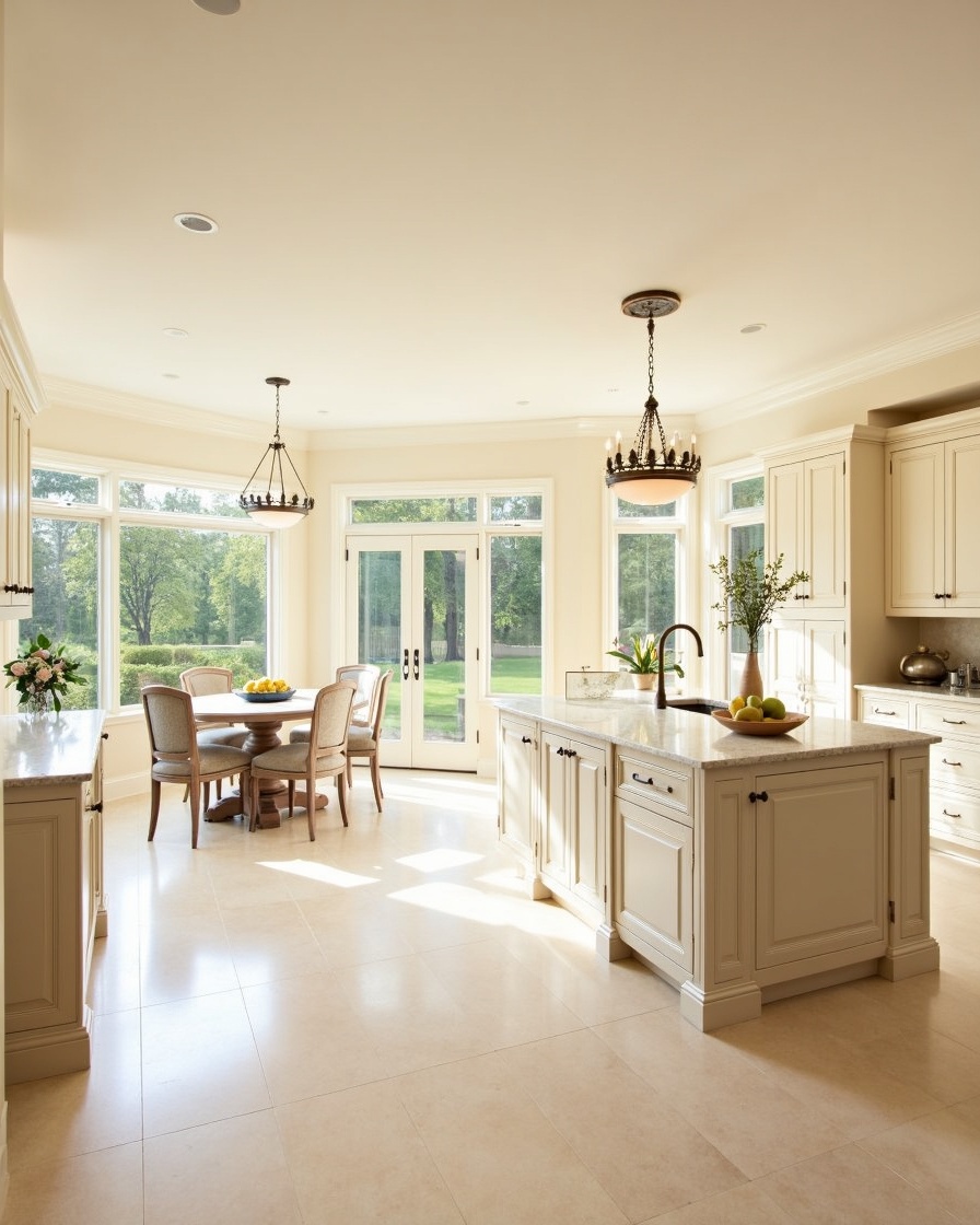 hero photo: warm ivory kitchen cabinets with quartzite island in Suwanee, GA — kitchen remodel by Alpharetta Kitchen and Bath