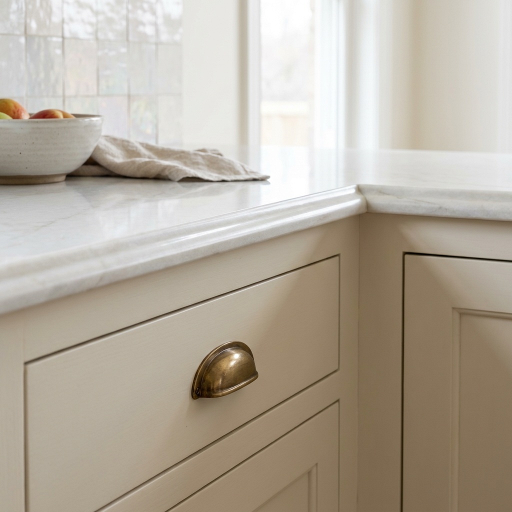 A tight detail shot in a finished kitchen: the corner where quartzite countertop meets an ivory cabinet run, showing the