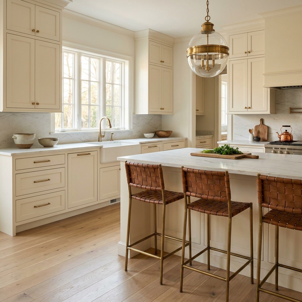 A finished, fully furnished warm ivory kitchen in an upscale North Atlanta home: inset shaker cabinetry, honed quartzite