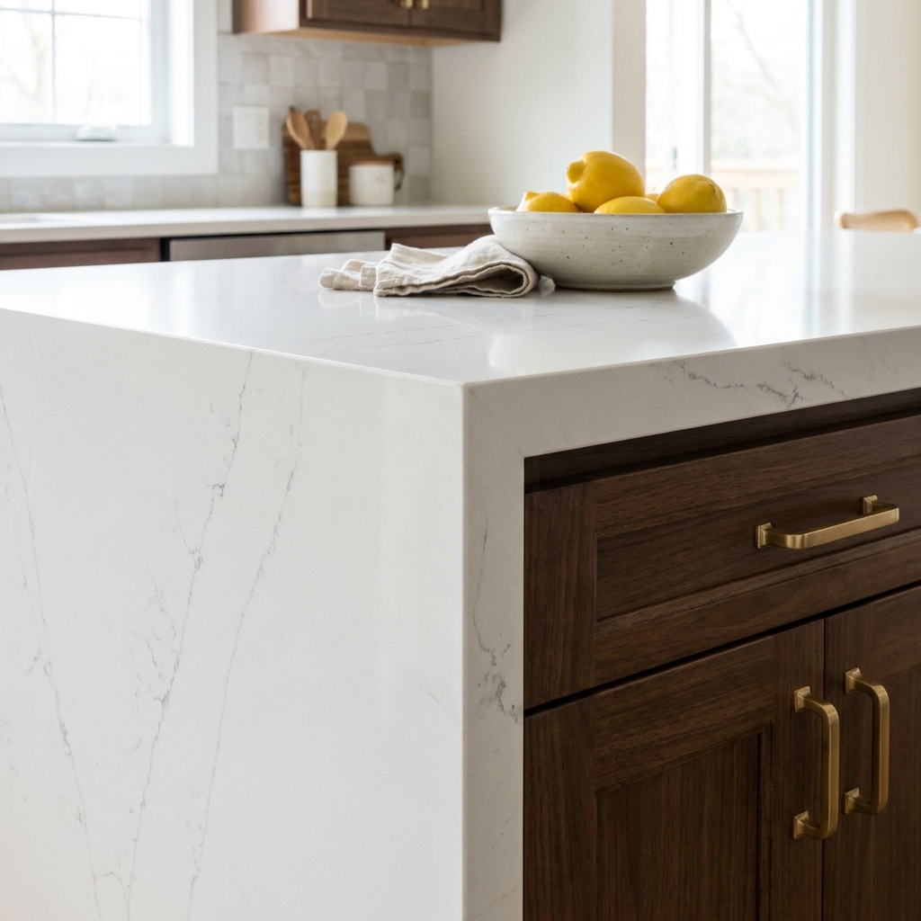 a close-up angled shot of a finished kitchen island corner showing waterfall quartz countertop edge and cabinet hardware