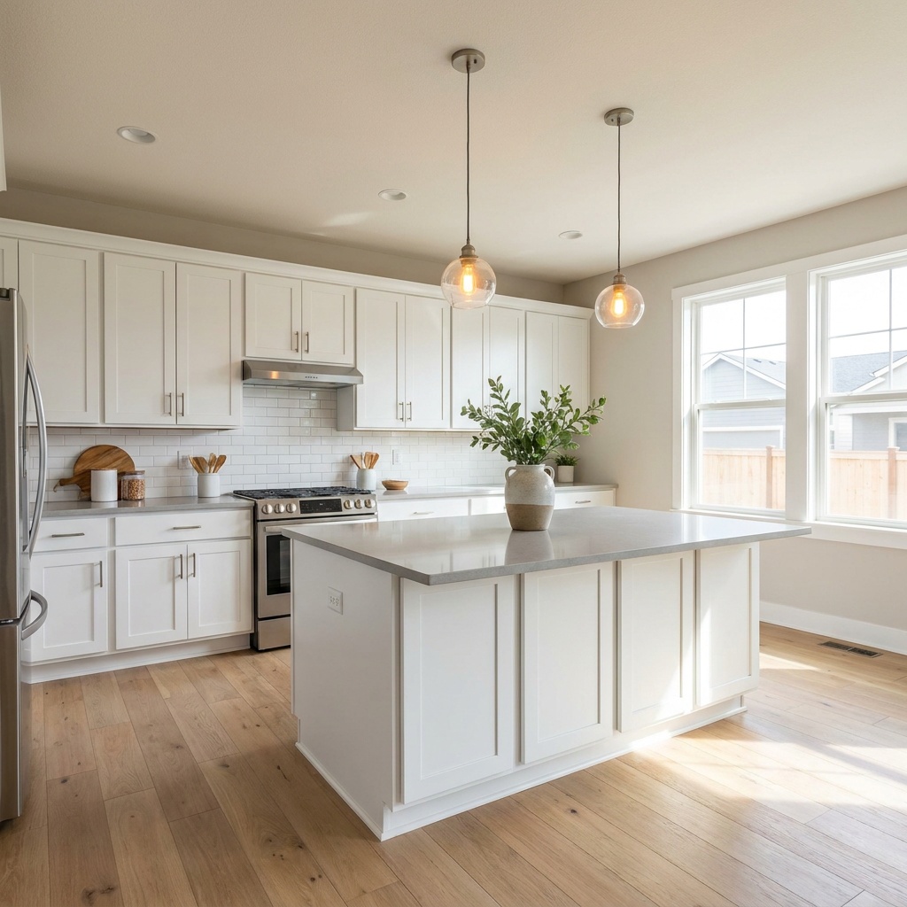 a finished, elegant midrange remodeled kitchen with white shaker cabinets, a quartz island, subway tile backsplash, and