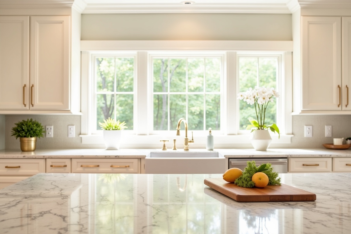 project photo: warm ivory kitchen cabinets with Taj Mahal quartzite island in Alpharetta, GA — kitchen remodel by Alpharetta Kitchen and Bath