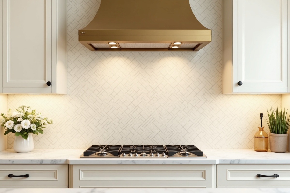 project photo: cream zellige tile backsplash with brass range hood in Milton, GA — kitchen remodel by Alpharetta Kitchen and Bath