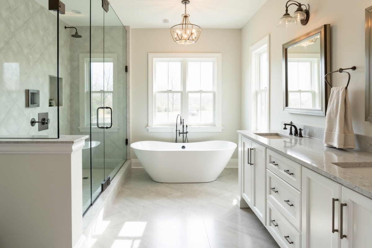 project photo: walk-in tile shower with freestanding tub and double quartz vanity in Johns Creek, GA — primary bathroom remodel by Alpharetta Kitchen and Bath