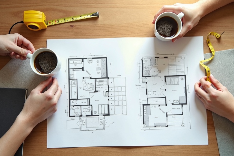 Design consultation: floor plans and material samples on a kitchen table