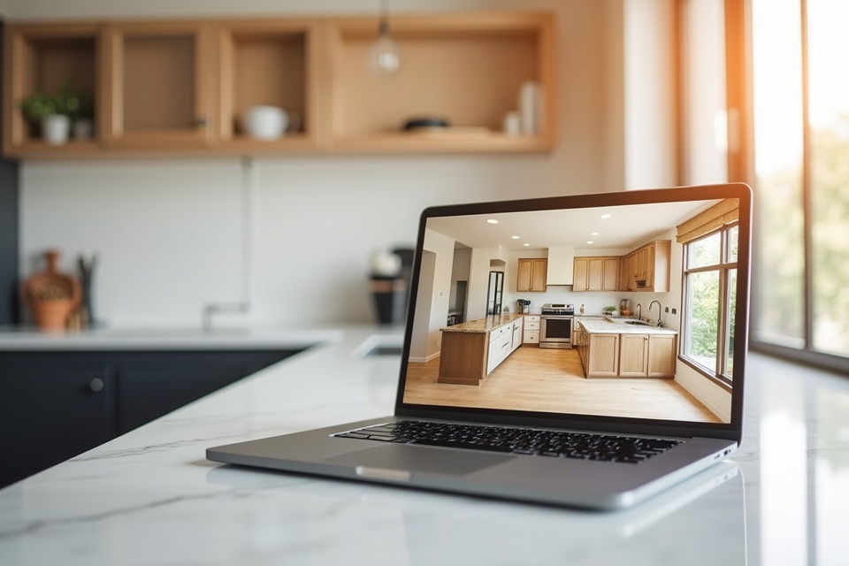 3D kitchen design rendering reviewed on a laptop