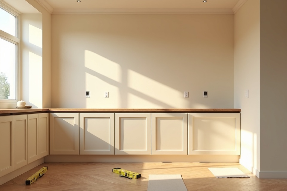Cabinet installation in progress with floor protection