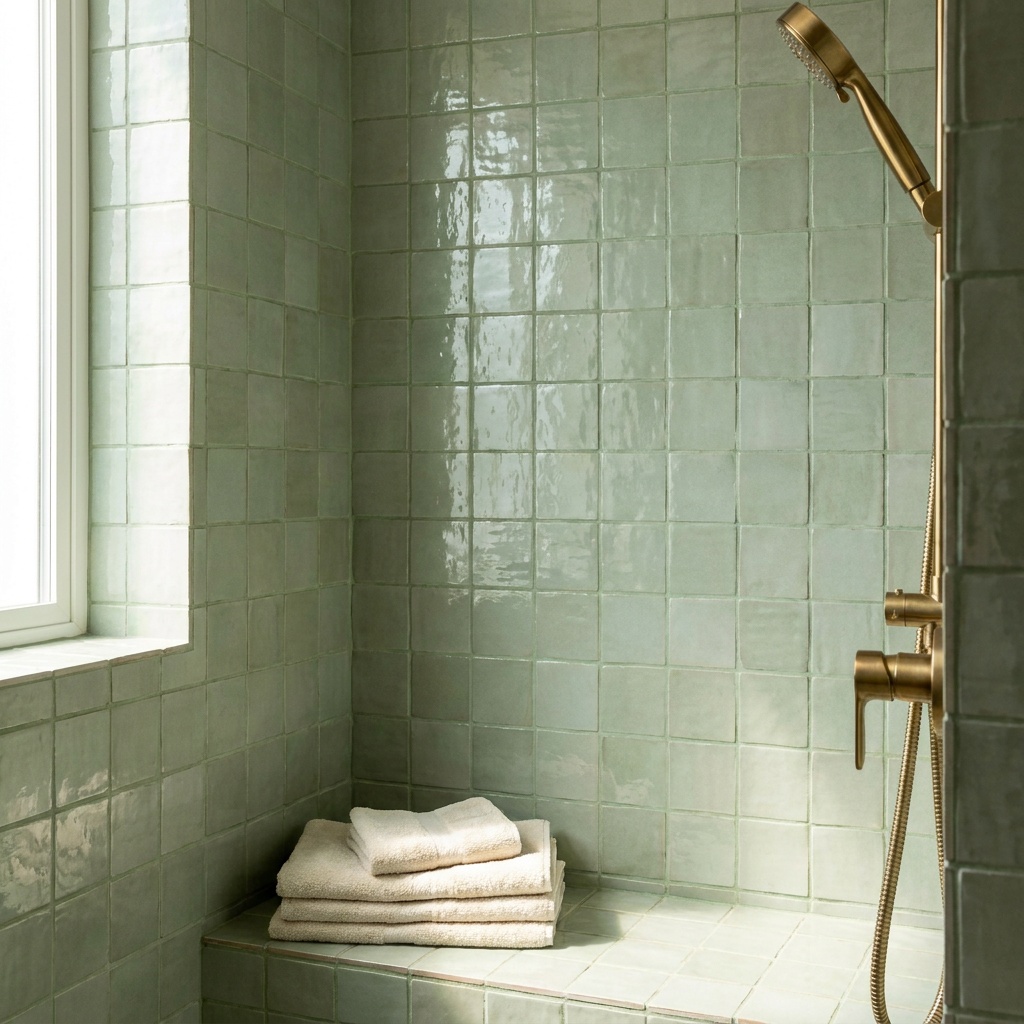 A tight detail shot of a glossy handmade zellige tile shower surround in a soft green glaze, tight matching grout joints