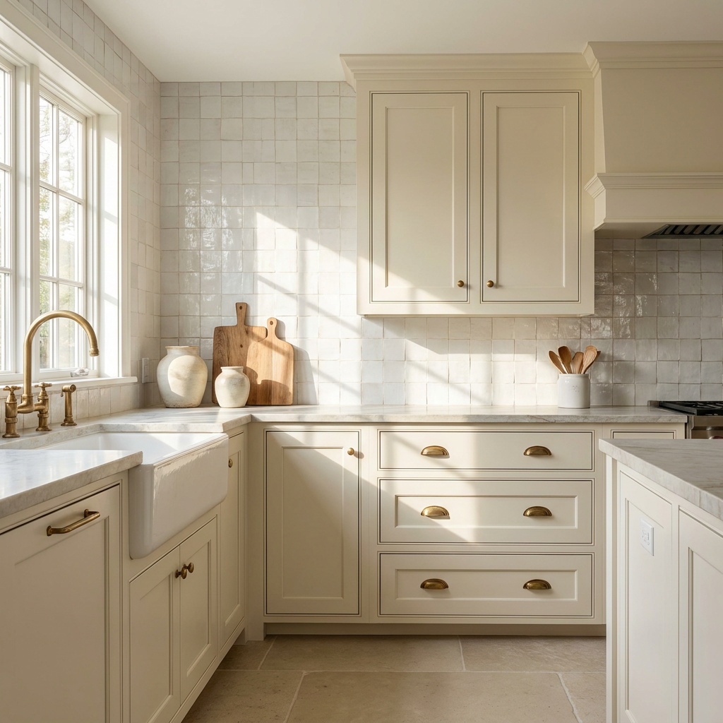 A finished warm ivory kitchen with a full glossy white zellige tile backsplash running from counter to upper cabinets, q