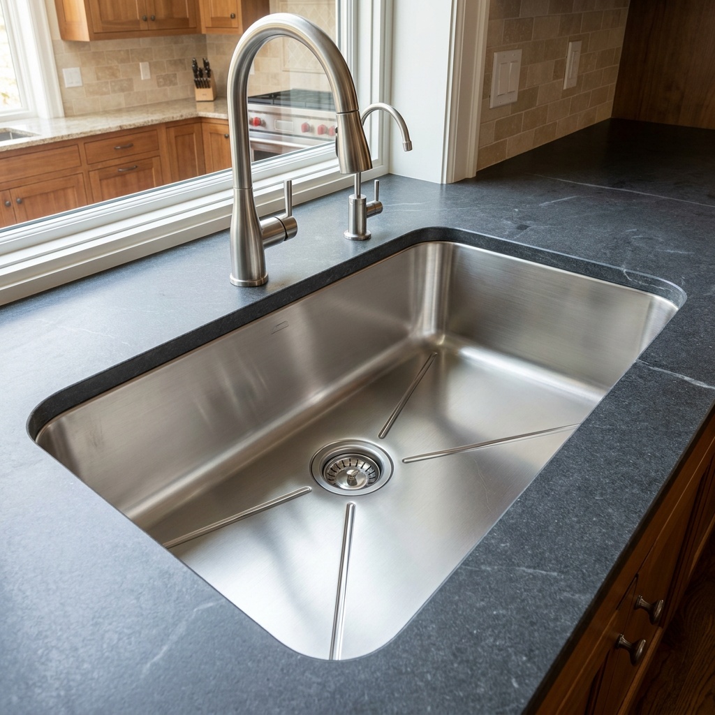 Brushed 16-gauge stainless steel single-bowl undermount kitchen sink with rear drain