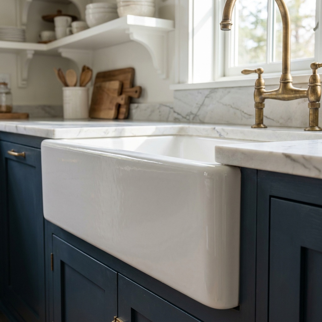 Glossy white fireclay apron-front farmhouse kitchen sink set into painted cabinetry