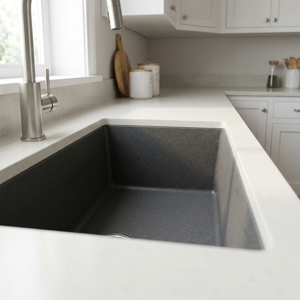 Matte graphite granite composite undermount kitchen sink with speckled texture