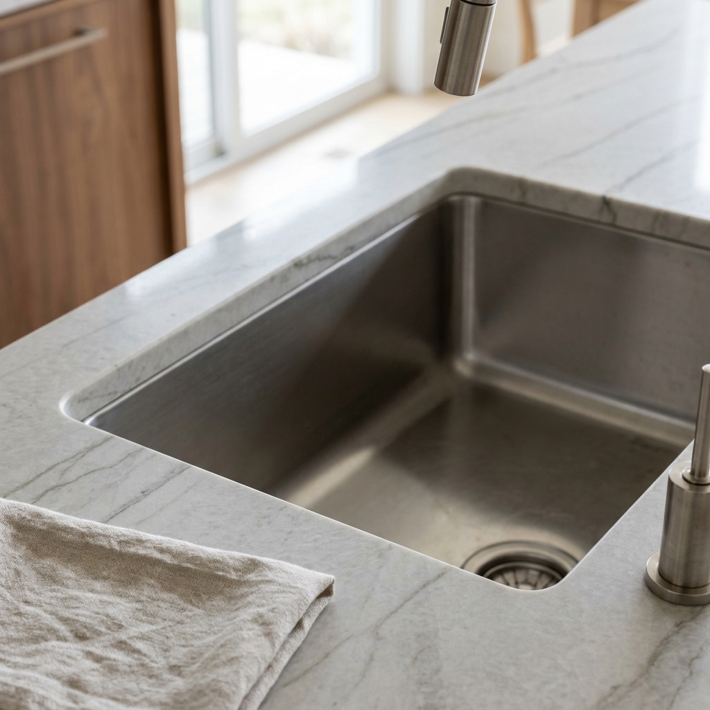Close overhead three-quarter detail of a single-bowl undermount stainless sink set into a thick quartzite countertop, th