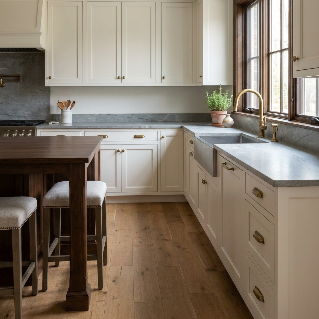 A finished transitional kitchen photographed from across the island, a large single-bowl undermount sink set into a hone