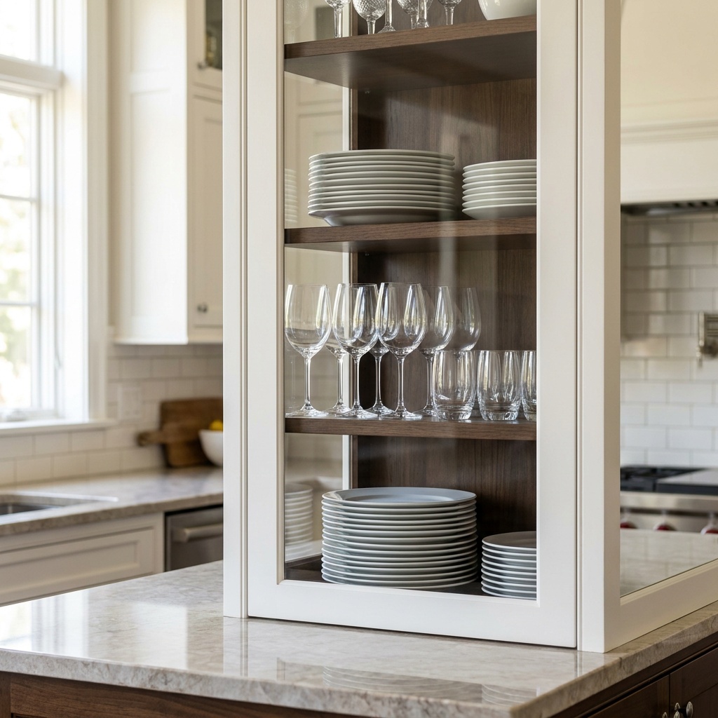 Clear glass cabinet door showing stacked white plates and stemware