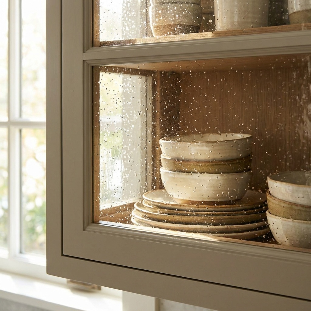 Seeded glass cabinet door with trapped air bubbles softening the contents