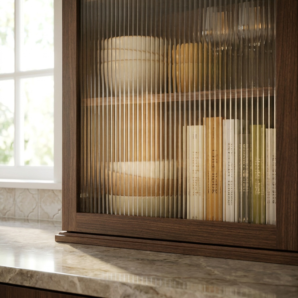 Reeded glass cabinet door with vertical ridges obscuring the contents