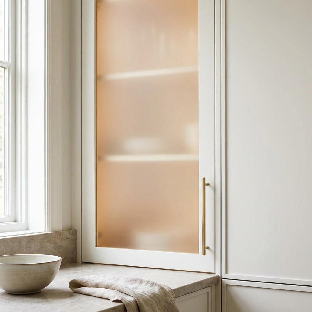 Frosted satin-etched glass cabinet door concealing the cabinet contents