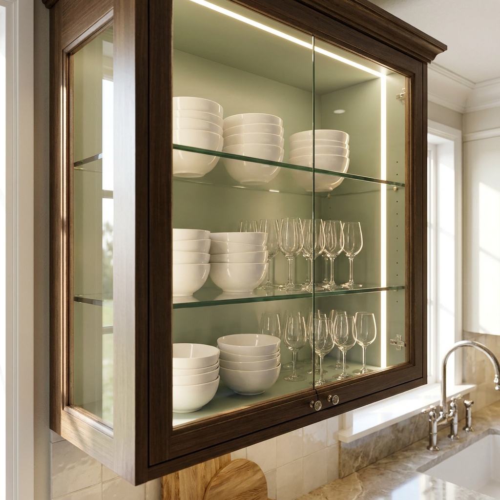 Three-quarter close view of one lit glass-front upper cabinet in a finished kitchen, its interior painted a soft muted g