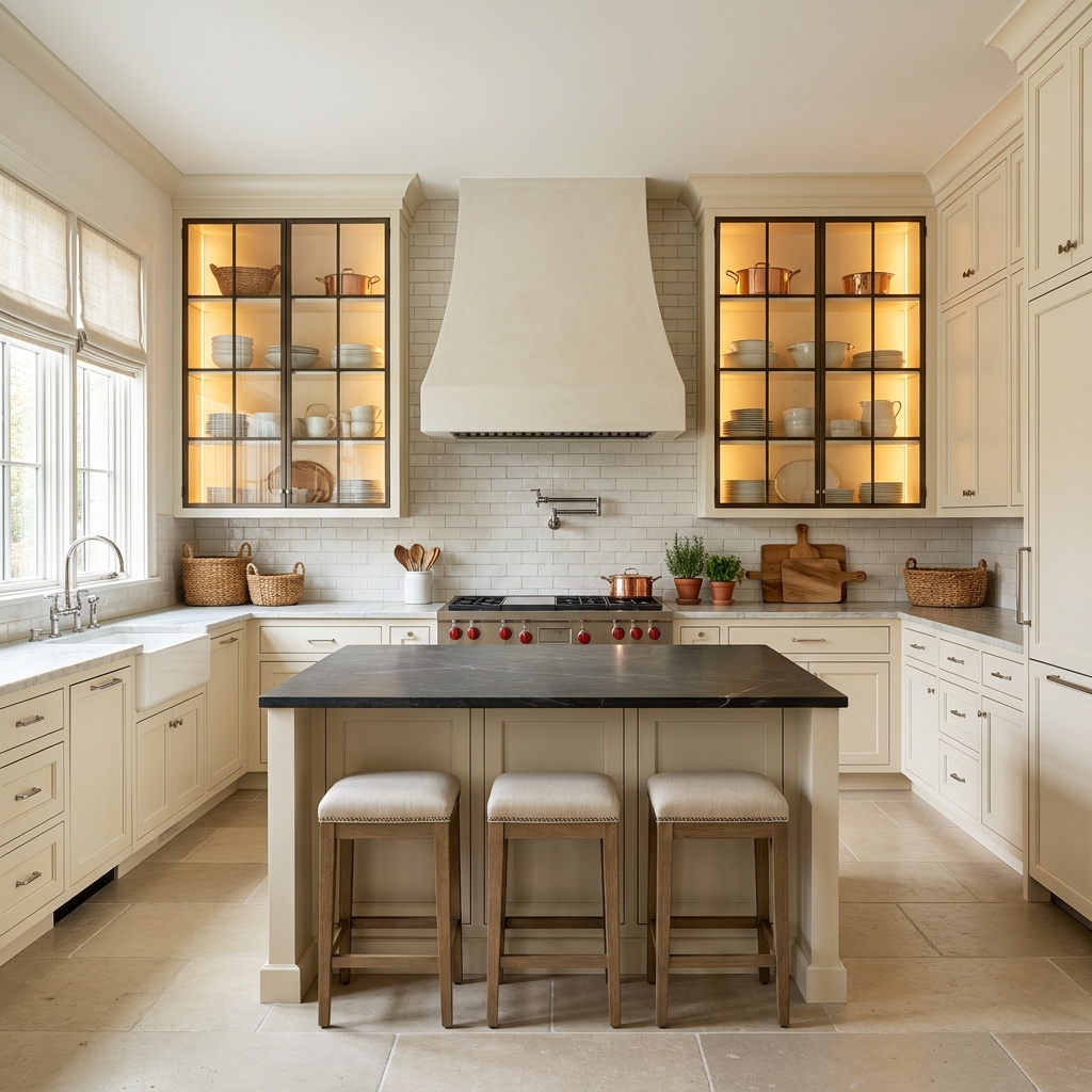 Wide view of a finished, furnished transitional kitchen with warm ivory painted cabinetry, a matched pair of tall glass-