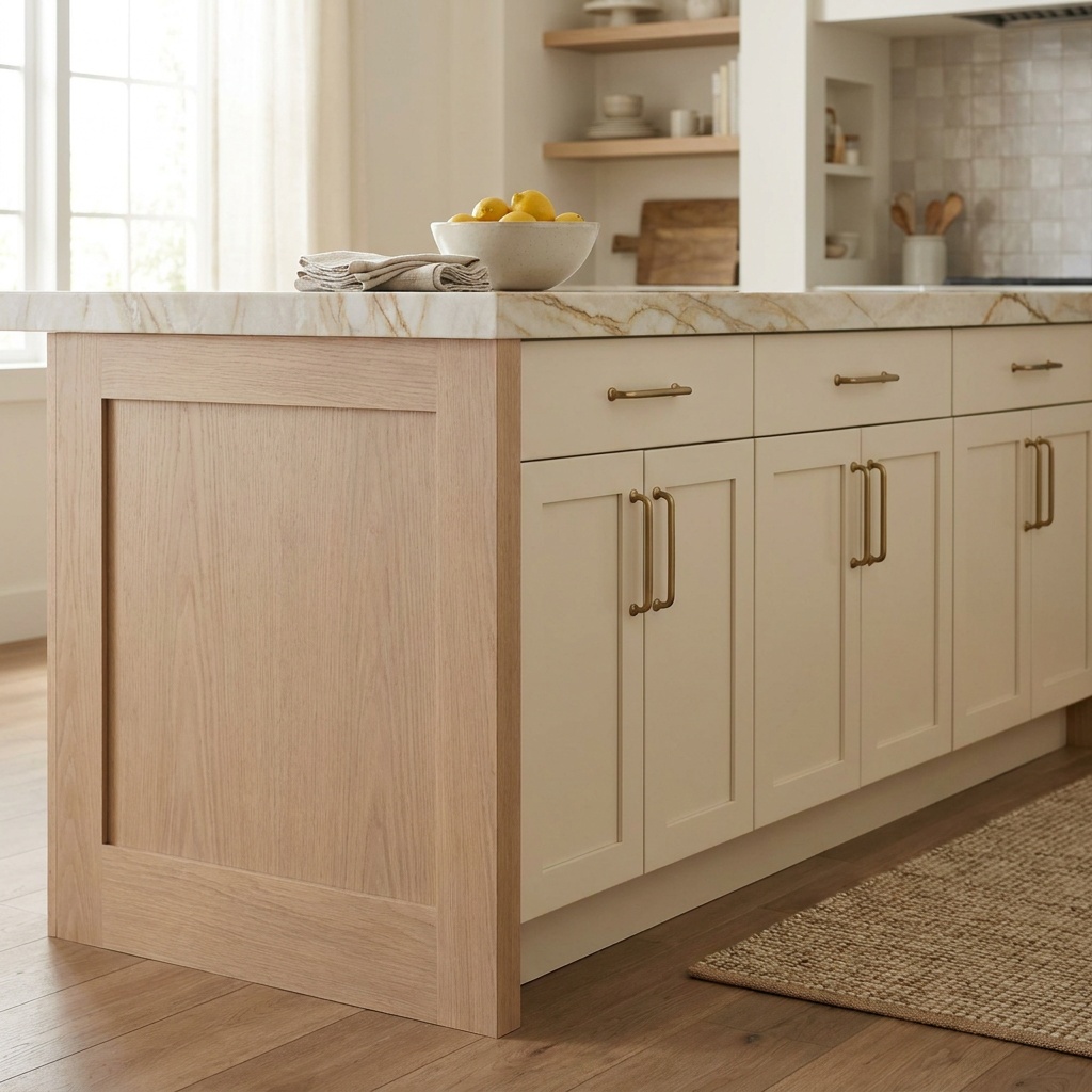 Warm ivory cabinets paired with a stained white oak island and cream quartzite countertop
