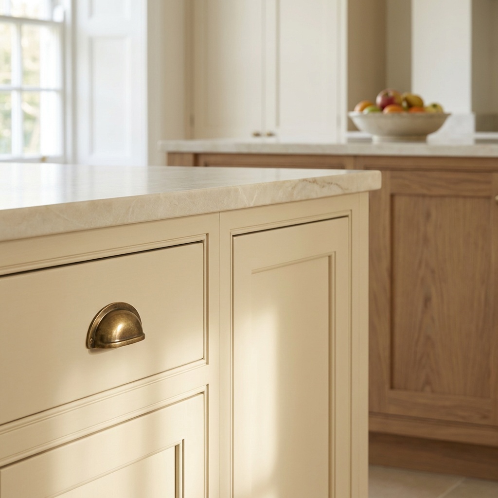 Close detail of warm ivory painted shaker cabinet drawer fronts in satin finish meeting a cream quartzite countertop edg