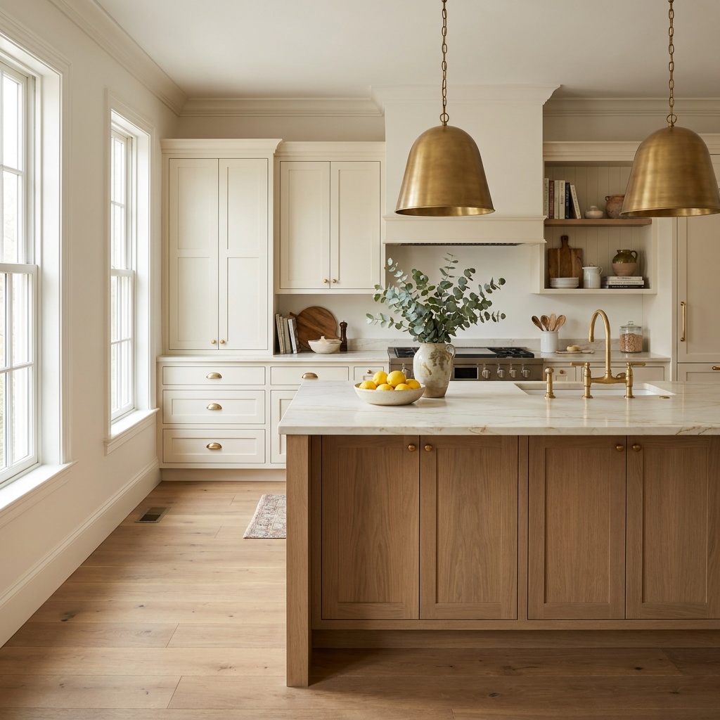 A finished, fully furnished transitional kitchen with warm ivory shaker perimeter cabinetry, a stained white oak island