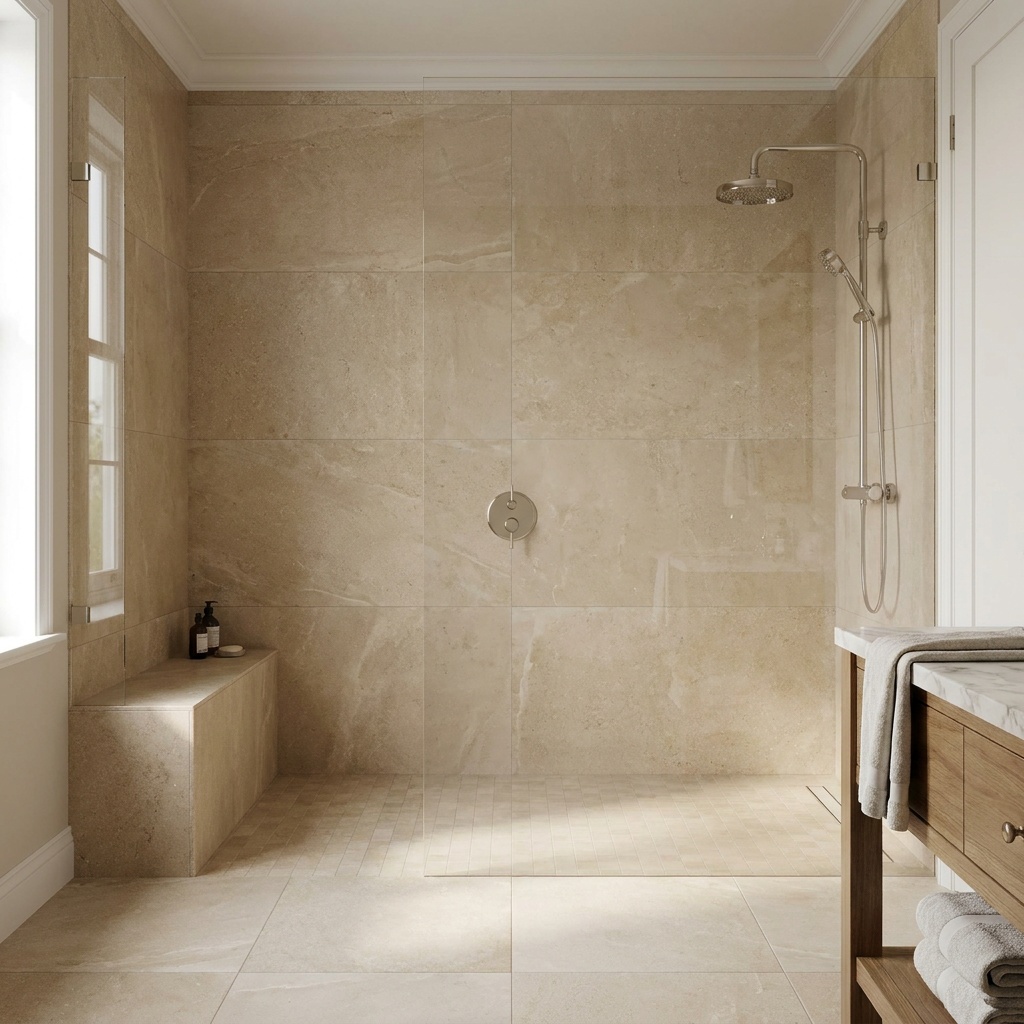 A finished, furnished primary bathroom detail: a curbless walk-in shower with large-format tile walls, a clear frameless