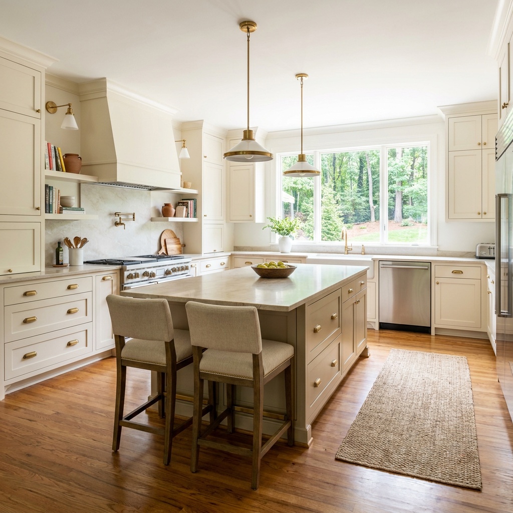 A finished, fully furnished transitional kitchen in a North Atlanta home: warm ivory shaker cabinets, honed quartzite is