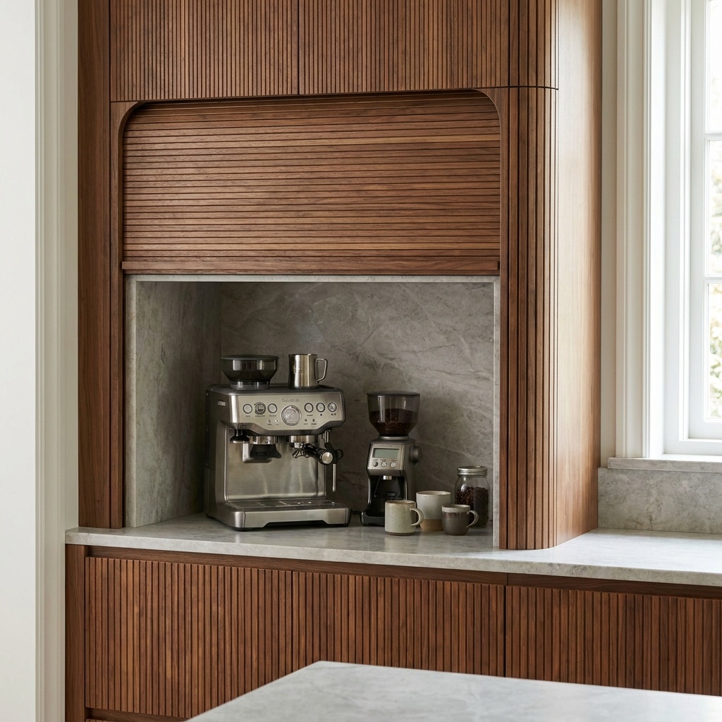 Tambour appliance garage with the slatted roll-up door open over a coffee station