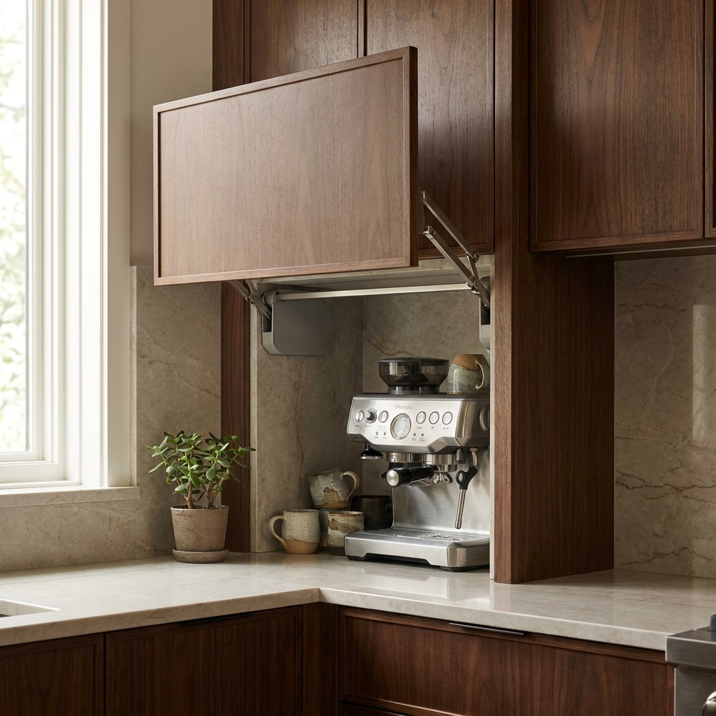 Flip-up appliance garage door raised above a built-in coffee station