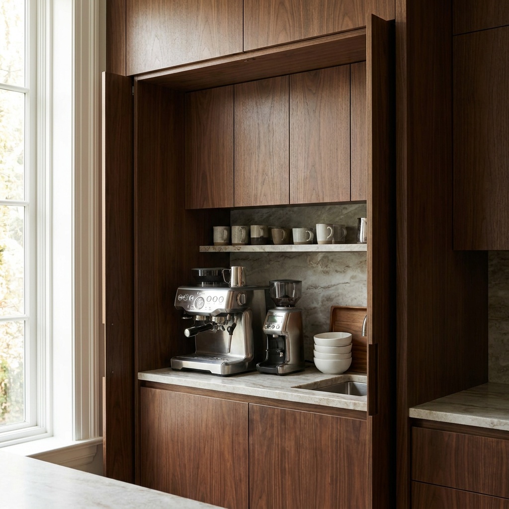 Pocket doors retracted into the cabinet sides of a tall coffee station