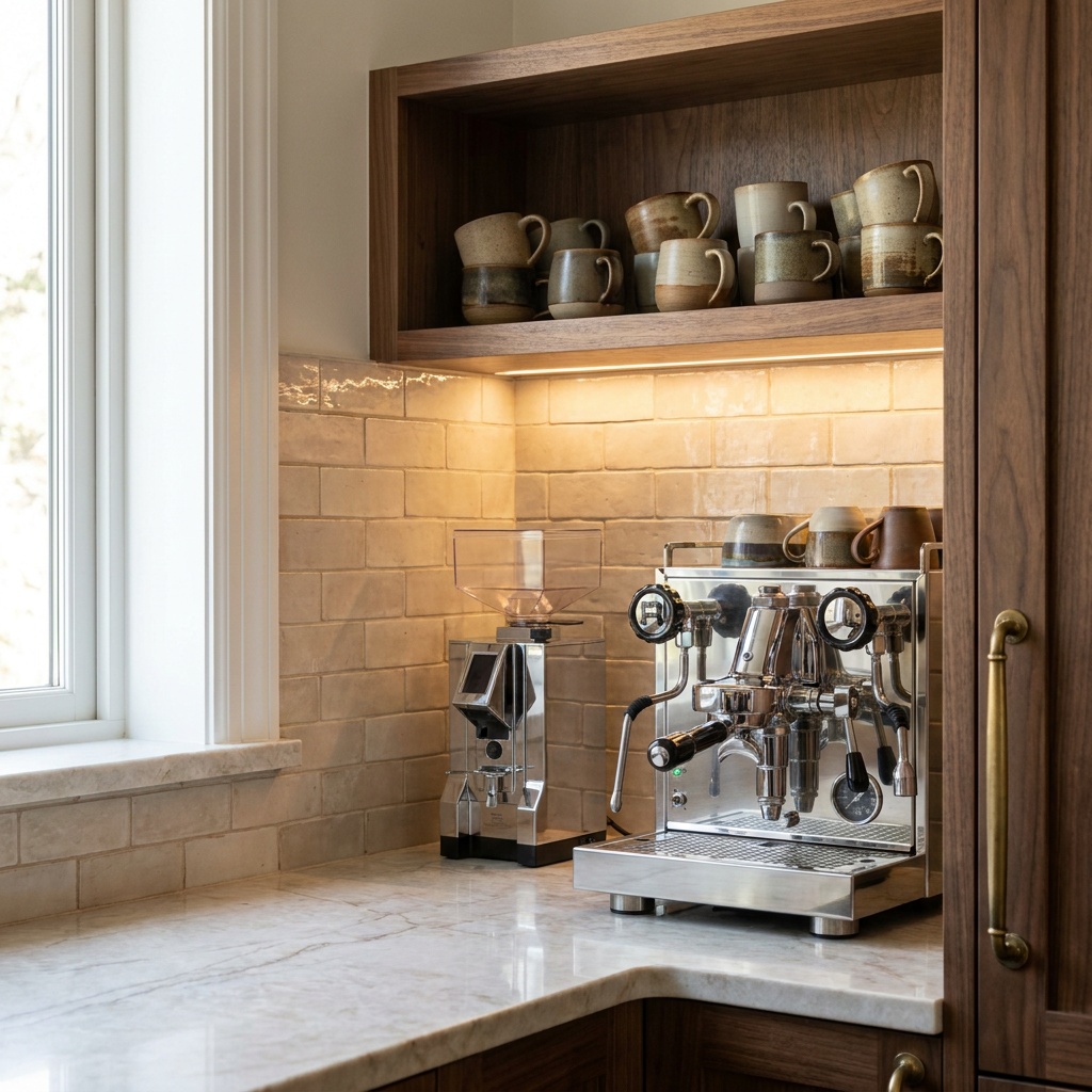 Close three-quarter view of a coffee station recess in a finished kitchen: a tiled back niche lit by warm under-cabinet