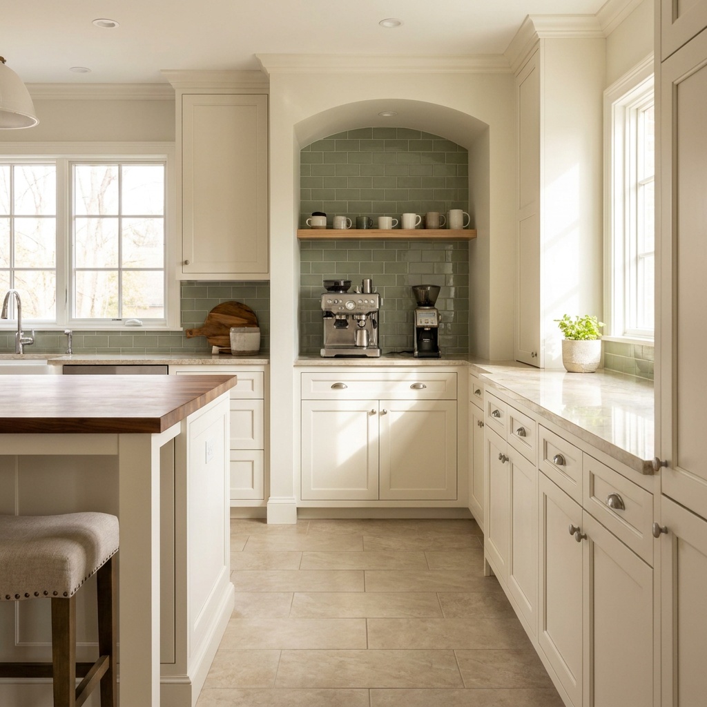 Wide view of a finished, furnished transitional kitchen with a built-in coffee station at the end of the perimeter run:
