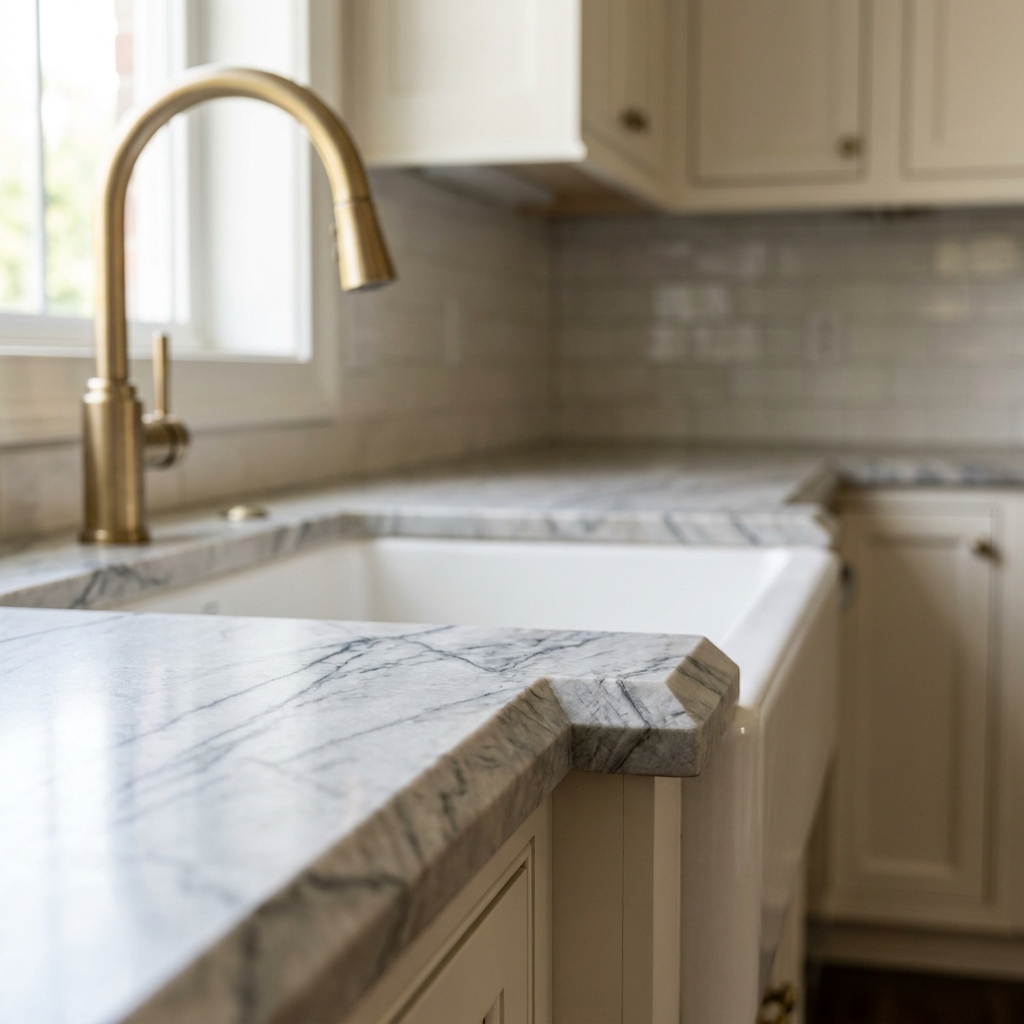 Close detail of a polished natural stone countertop edge meeting an undermount sink in a finished kitchen, mitered edge