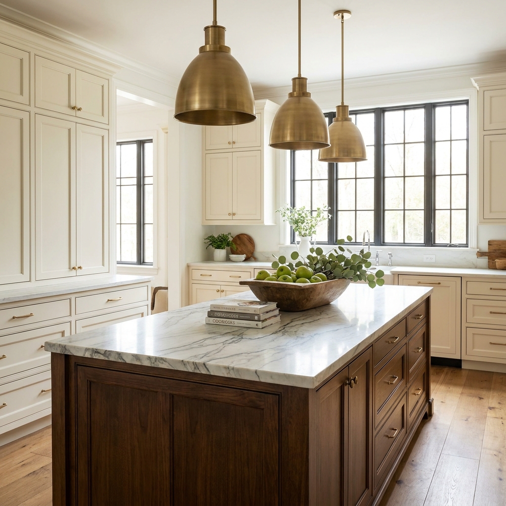 A finished, fully furnished transitional kitchen with warm ivory perimeter cabinetry and a large island topped in dramat