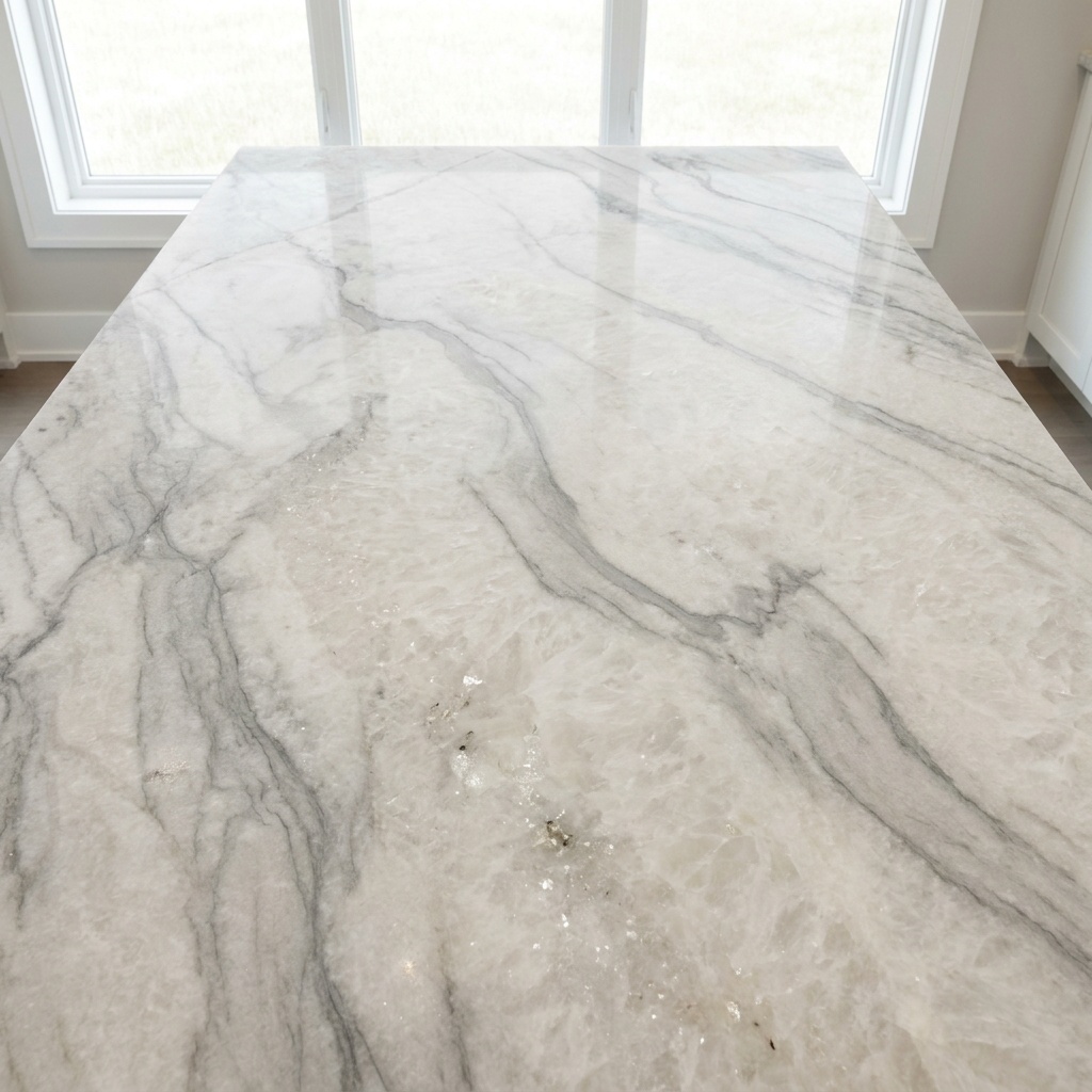 Polished natural quartzite slab showing its flowing grey veining and crystalline sparkle