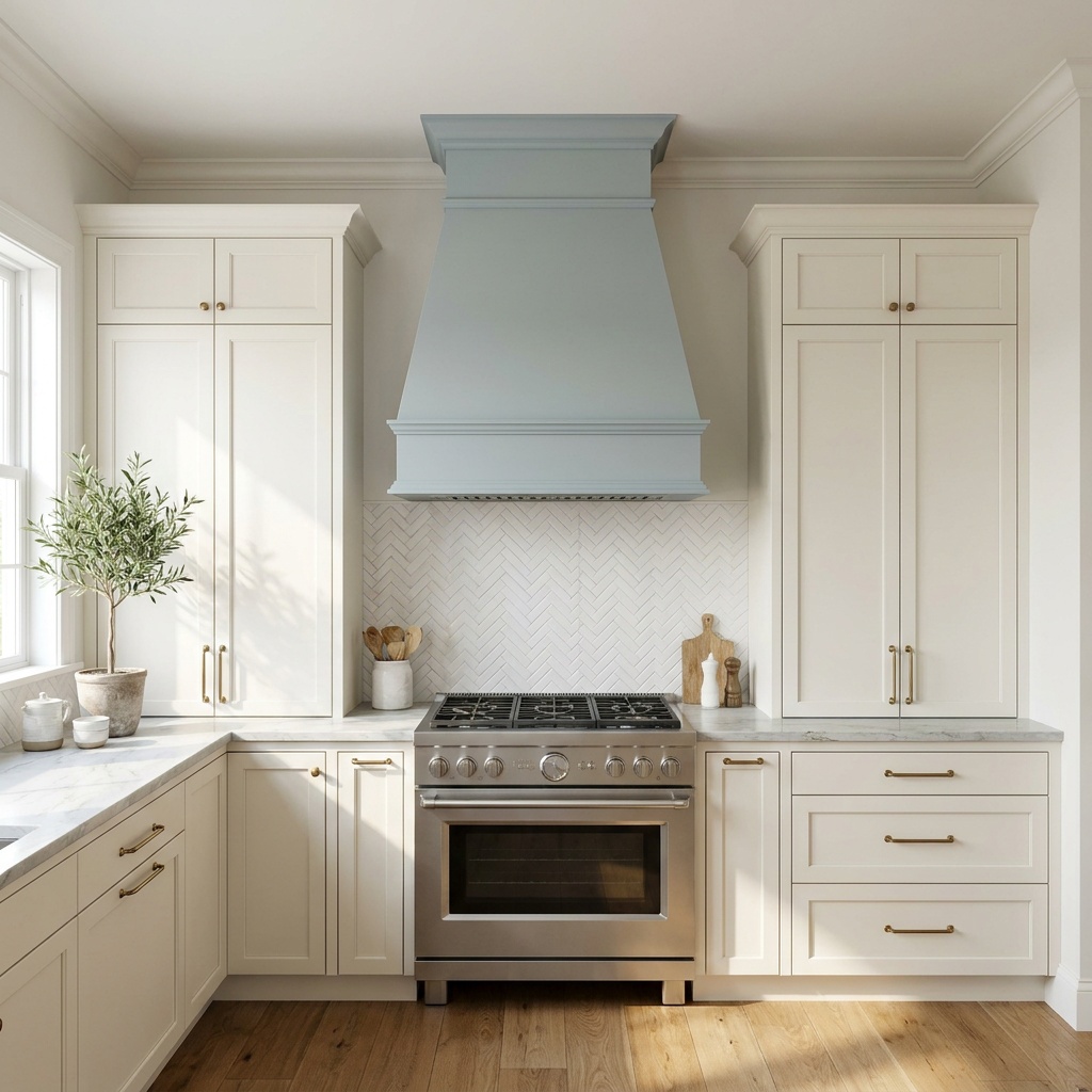 Custom painted wood box range hood above a stainless gas range in a transitional kitchen