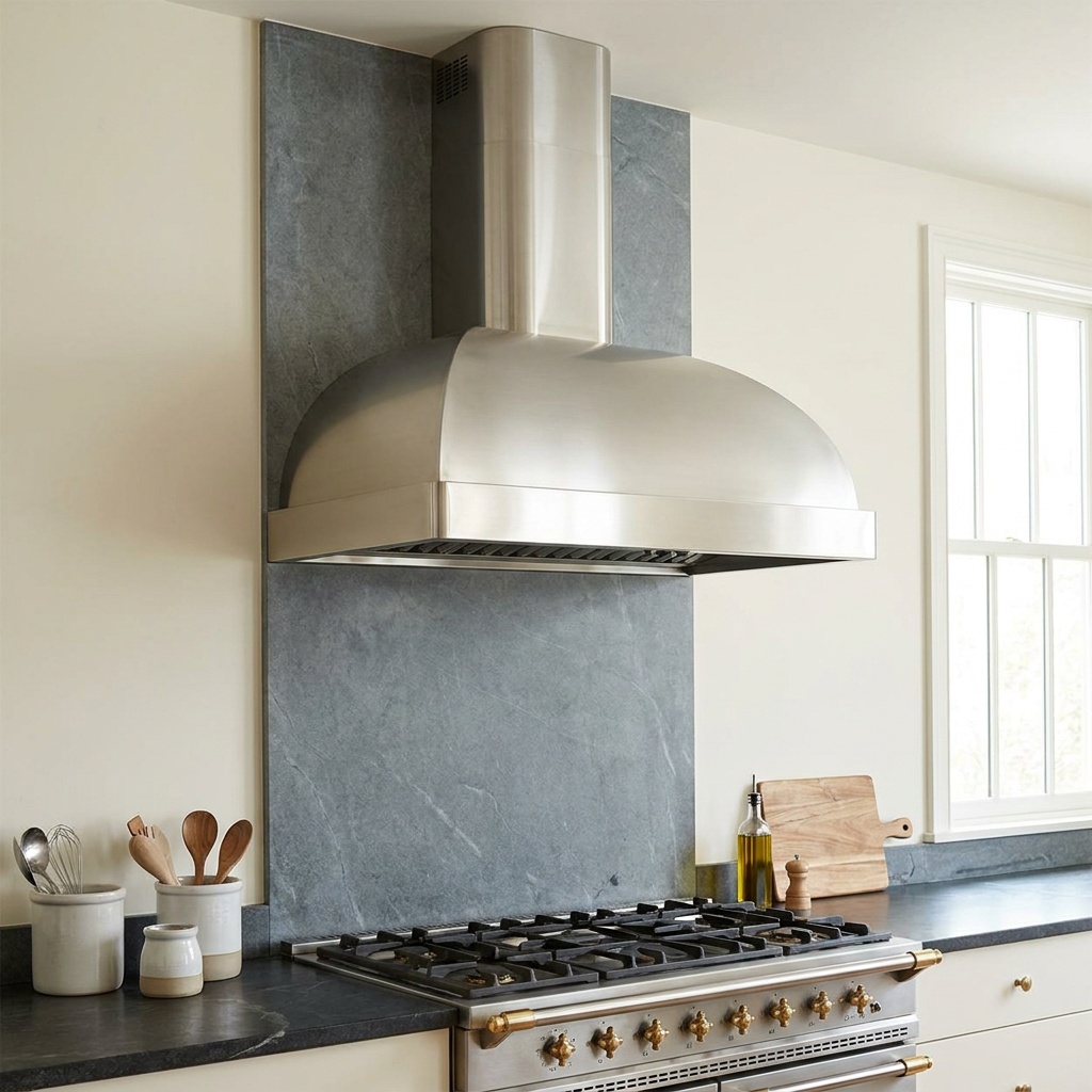 Free-hanging stainless steel chimney range hood mounted on an open kitchen wall