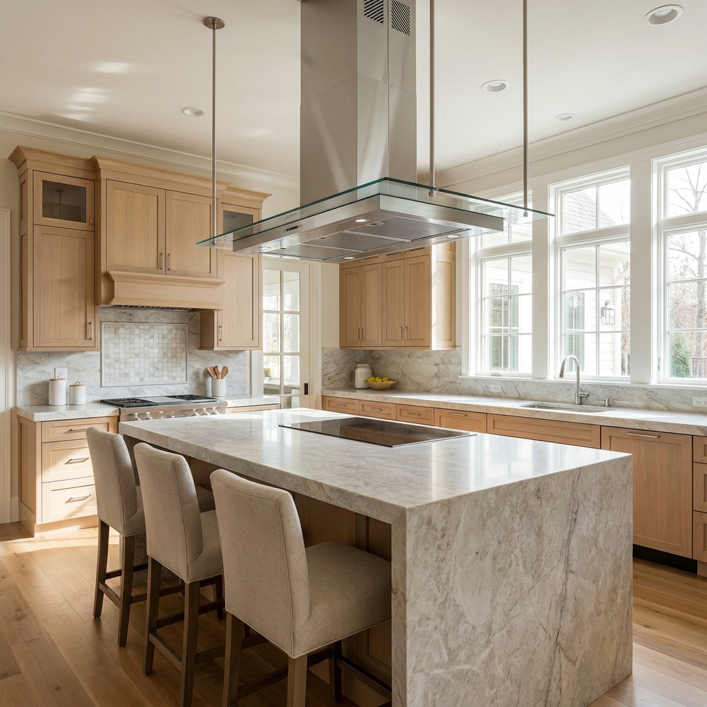 Ceiling-mounted island range hood suspended over a kitchen island cooktop