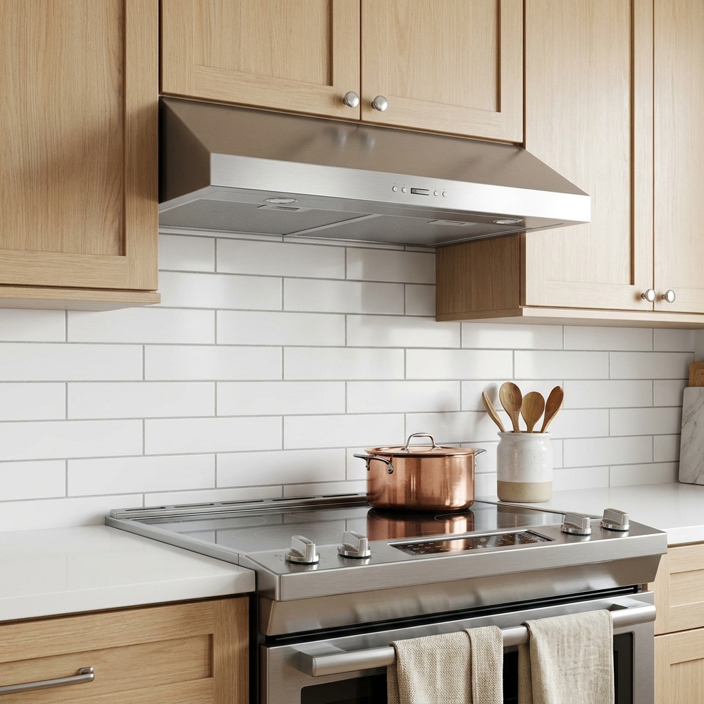 Stainless under-cabinet range hood mounted beneath an upper kitchen cabinet